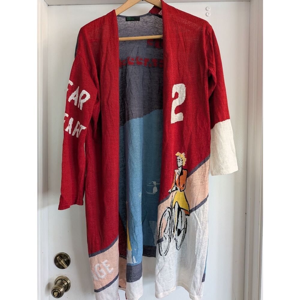 United Colors Of Benetton Red Graphic Knit Long Linen Blend Cardigan Cape